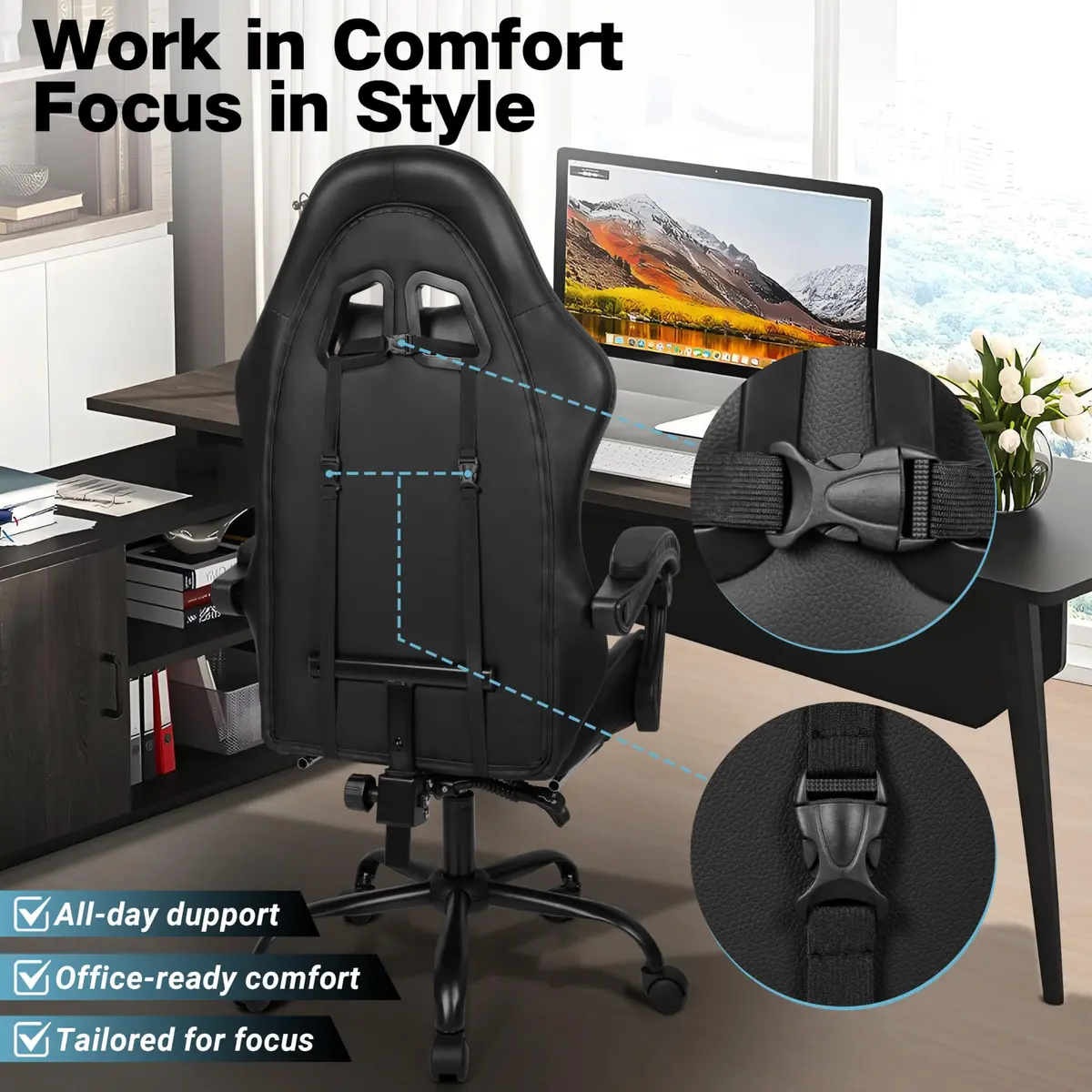 Ray Bear Gaming Chair with Footrest & Lumbar Support | Ergonomic Office Seat, Adjustable Height, 360° Swivel, Headrest (Black) | Supports up to 330 lbs - view 2