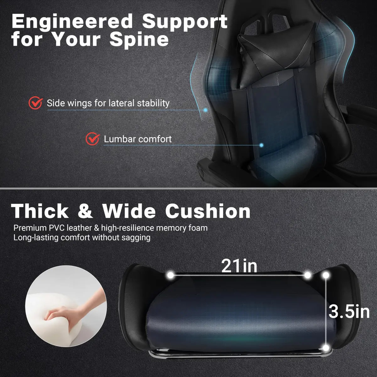 Ray Bear Gaming Chair with Footrest & Lumbar Support | Ergonomic Office Seat, Adjustable Height, 360° Swivel, Headrest (Black) | Supports up to 330 lbs - view 4