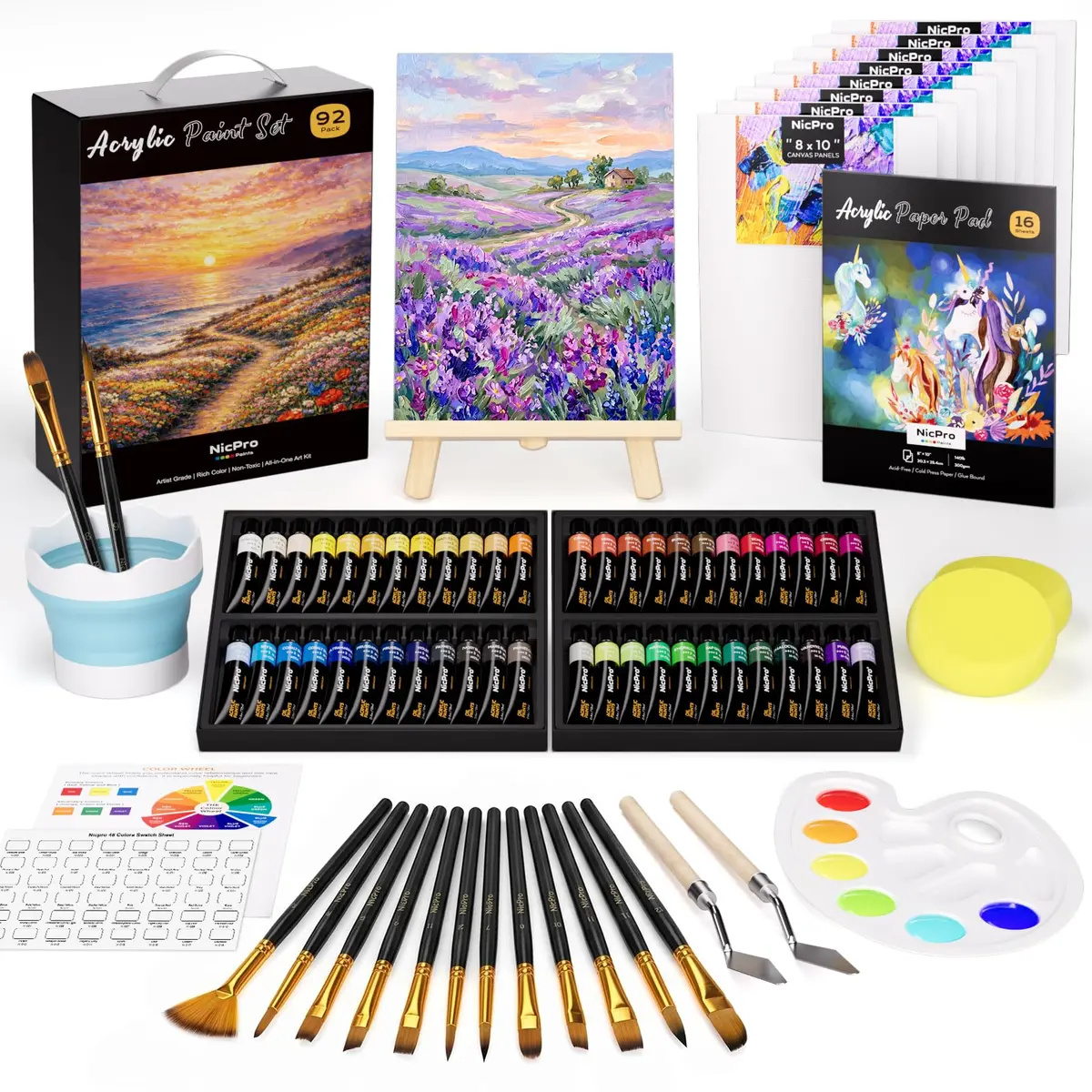 Nicpro 92PCS Acrylic Paint Canvas Set for Adults | 48 Paints, 8"x10" Canvas Panels, Artist Supplies Kit - main product image