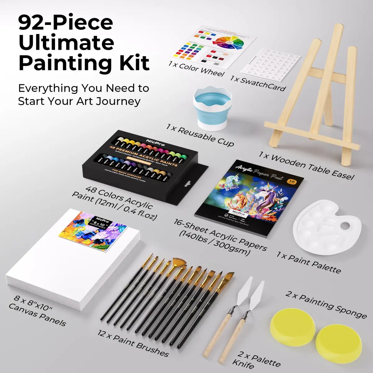 Nicpro 92PCS Acrylic Paint Canvas Set for Adults | 48 Paints, 8"x10" Canvas Panels, Artist Supplies Kit - view 3