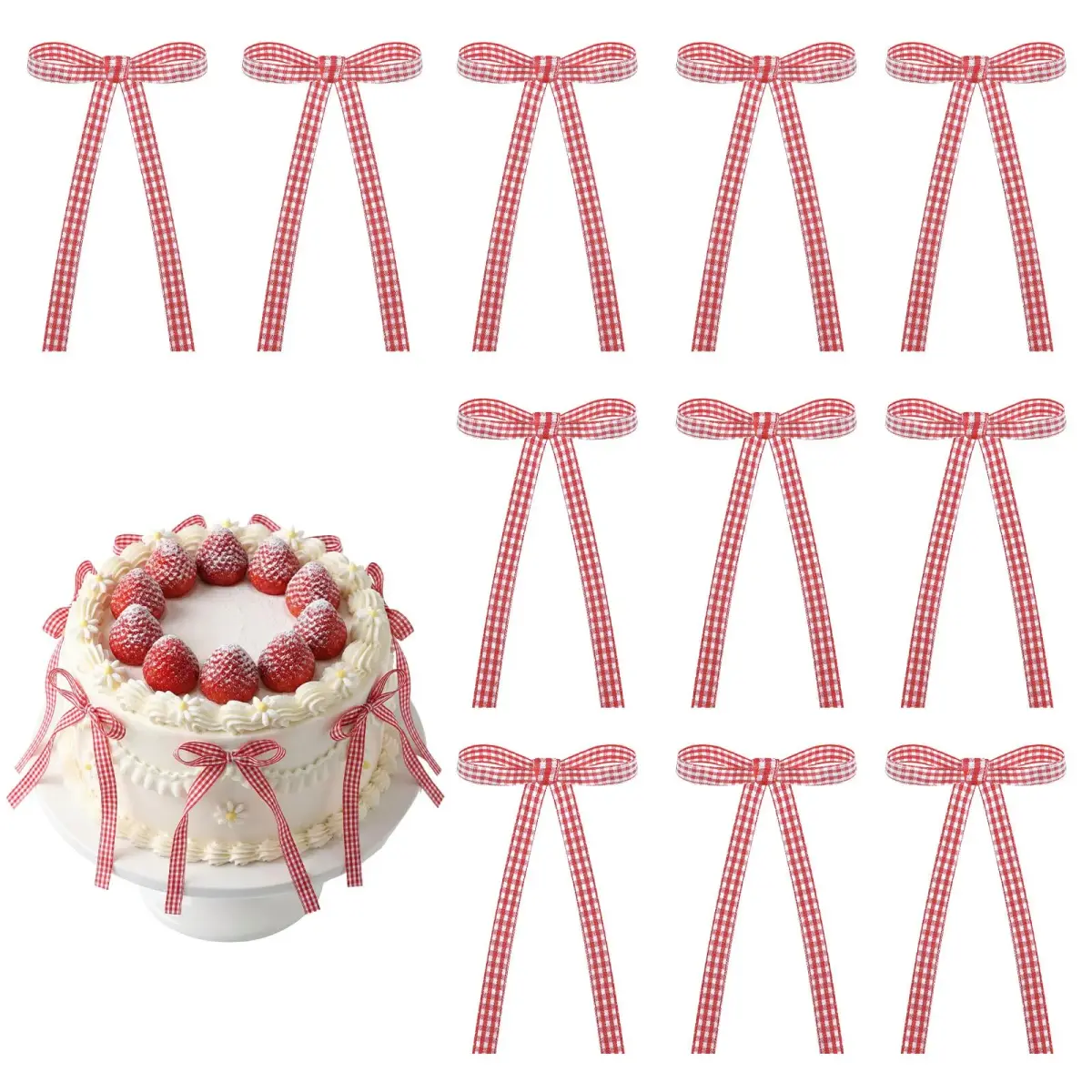 NatNarr Red Gingham Ribbon Bows 30 Pack | Pre-Tied Polyester Cake Toppers - main product image