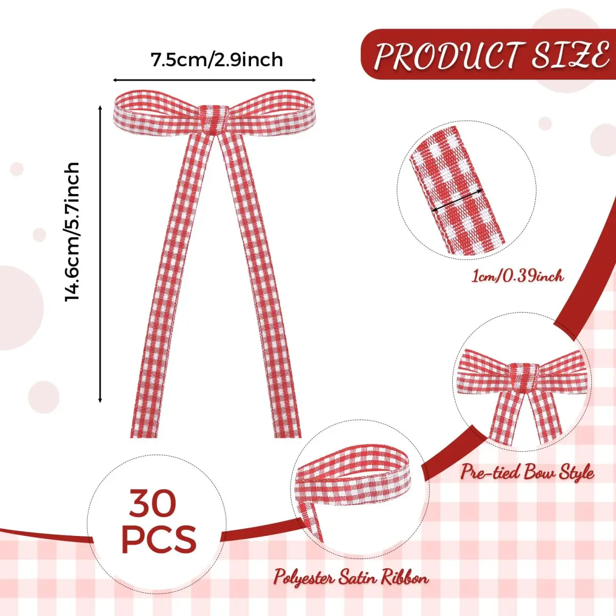 NatNarr Red Gingham Ribbon Bows 30 Pack | Pre-Tied Polyester Cake Toppers - view 2