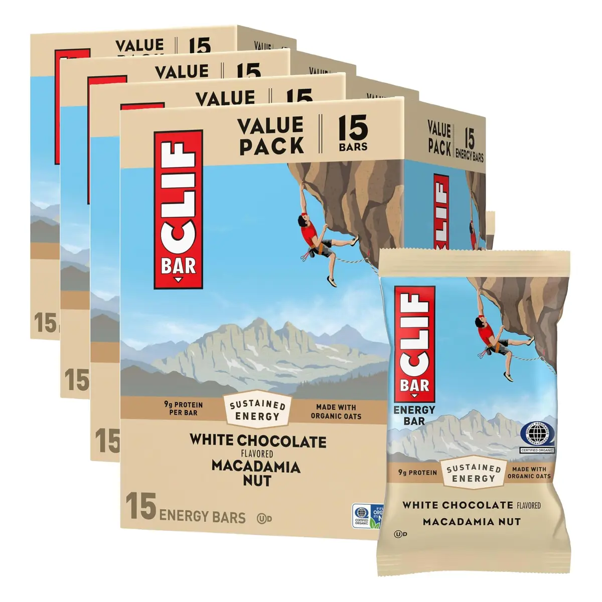 CLIF BAR Energy Protein Bars White Chocolate Macadamia Nut 15 Count (60 Total Bars) | Made with Organic Oats - main product image