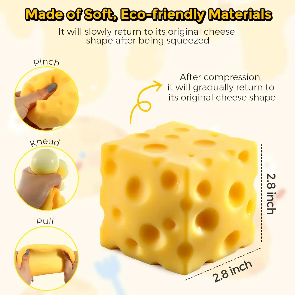 KUBEIJIA Cheese Squishy Block 7cm (2.8 inch) | Non-Toxic TPR Stress Relief Toy - view 2