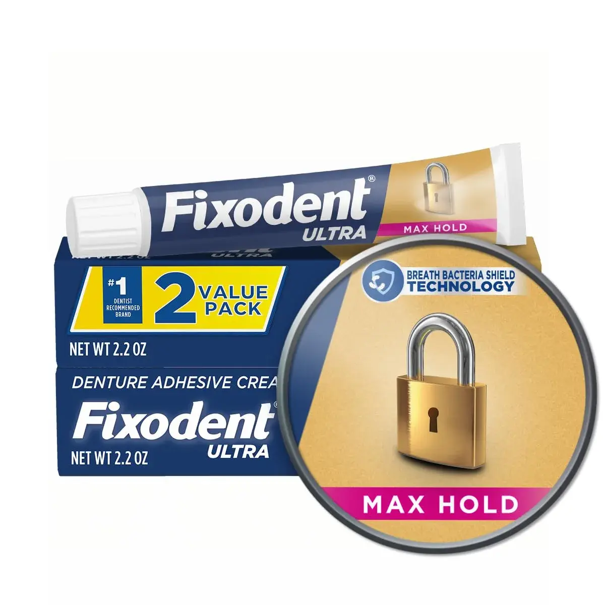 Fixodent Ultra Max Hold Denture Adhesive 2.2 Oz (Pack of 2) | Strongest Hold for Dentures - main product image