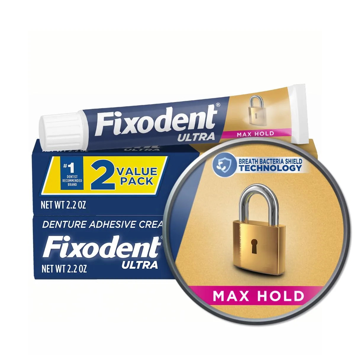Fixodent Ultra Max Hold Denture Adhesive 2.2 Oz (Pack of 2) | Strongest Hold for Dentures - main product image