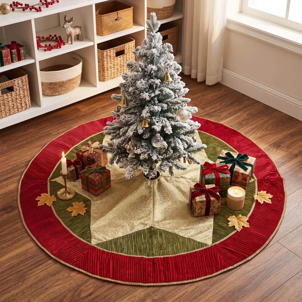 Valery Madelyn 60" Red Green Gold Christmas Tree Skirt | Traditional Velvet with Embroidery & Tassels for 6-8ft Trees - view 5