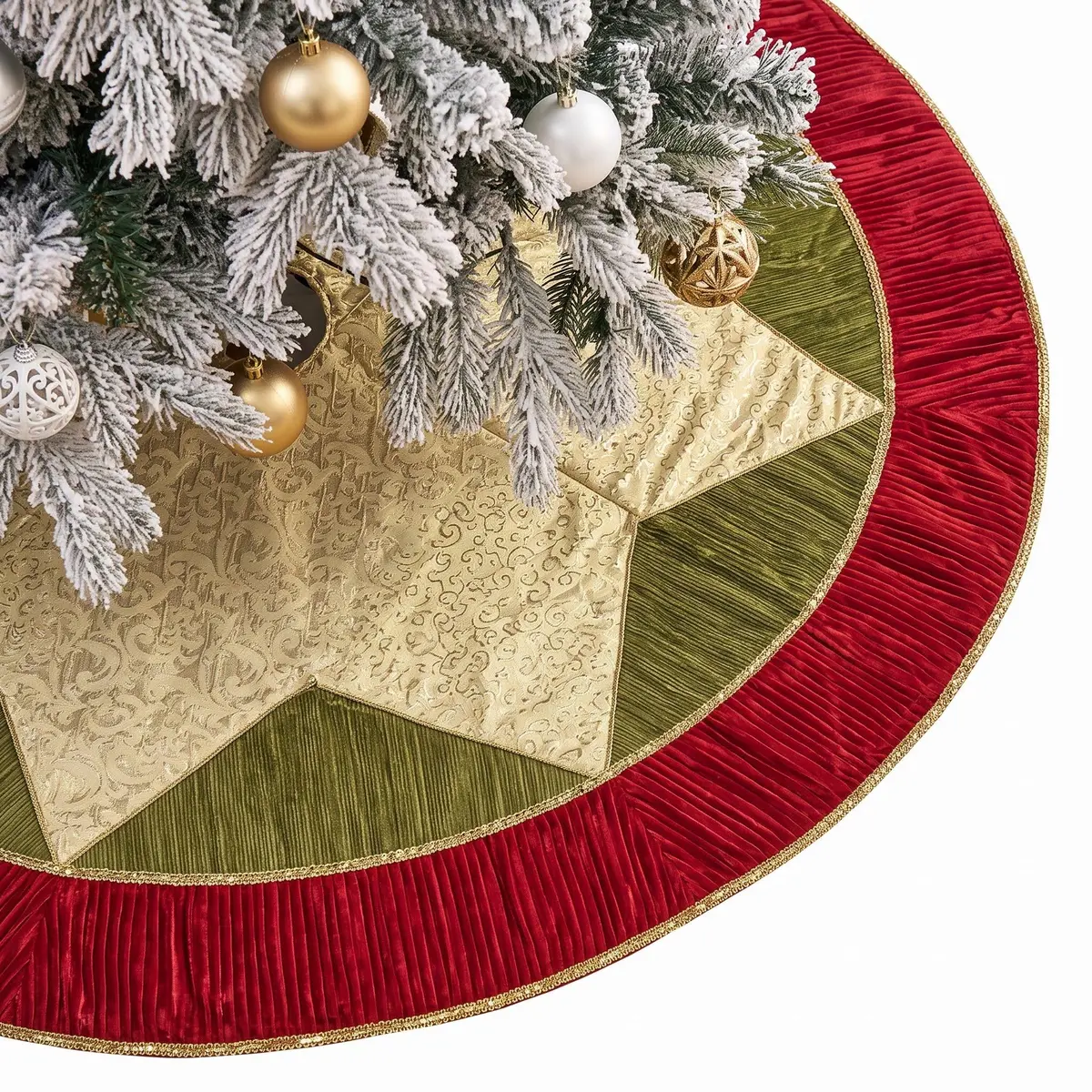 Valery Madelyn 60" Red Green Gold Christmas Tree Skirt | Traditional Velvet with Embroidery & Tassels for 6-8ft Trees - view 8