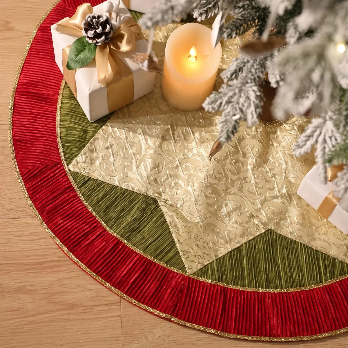 Valery Madelyn 60" Red Green Gold Christmas Tree Skirt | Traditional Velvet with Embroidery & Tassels for 6-8ft Trees - view 2