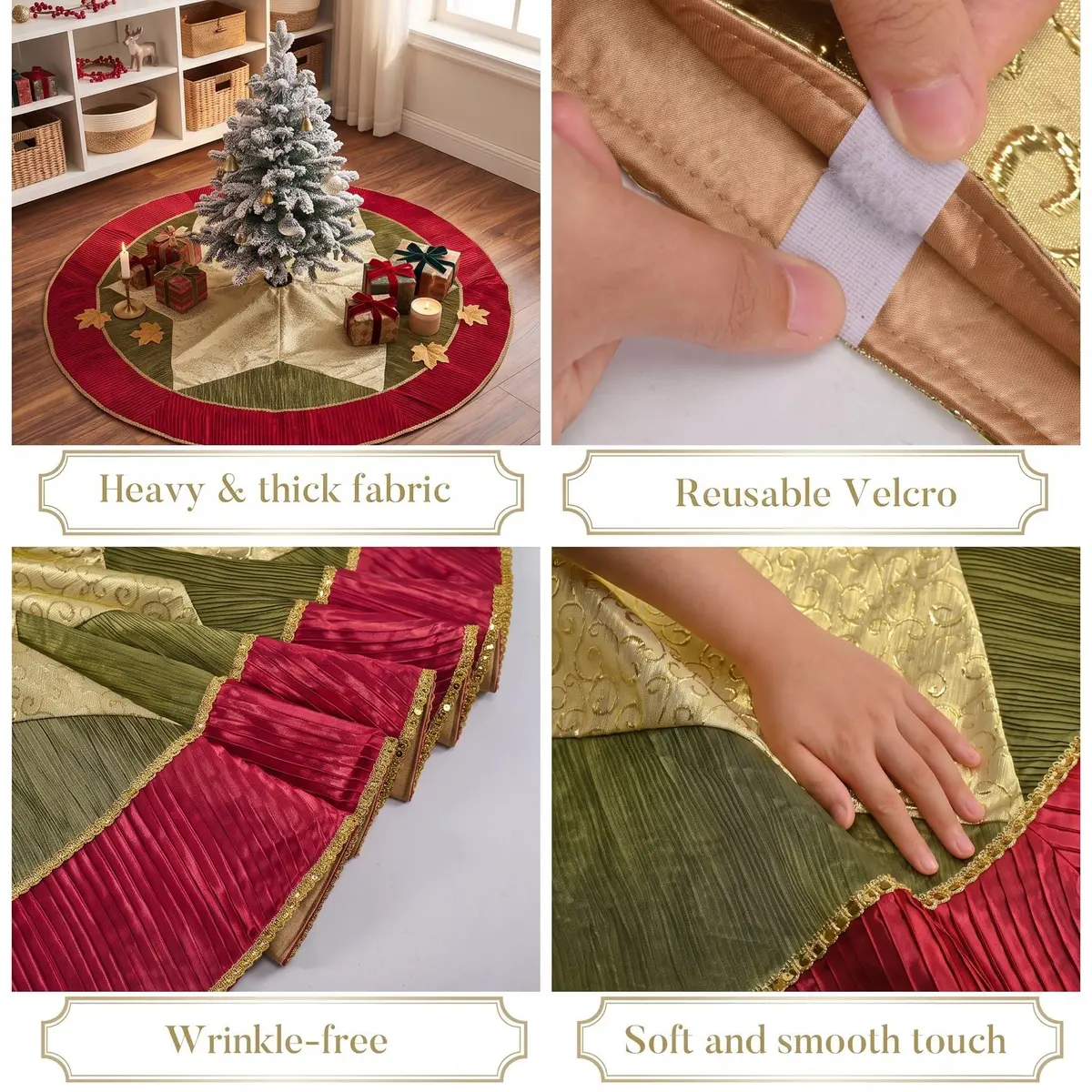 Valery Madelyn 60" Red Green Gold Christmas Tree Skirt | Traditional Velvet with Embroidery & Tassels for 6-8ft Trees - view 3