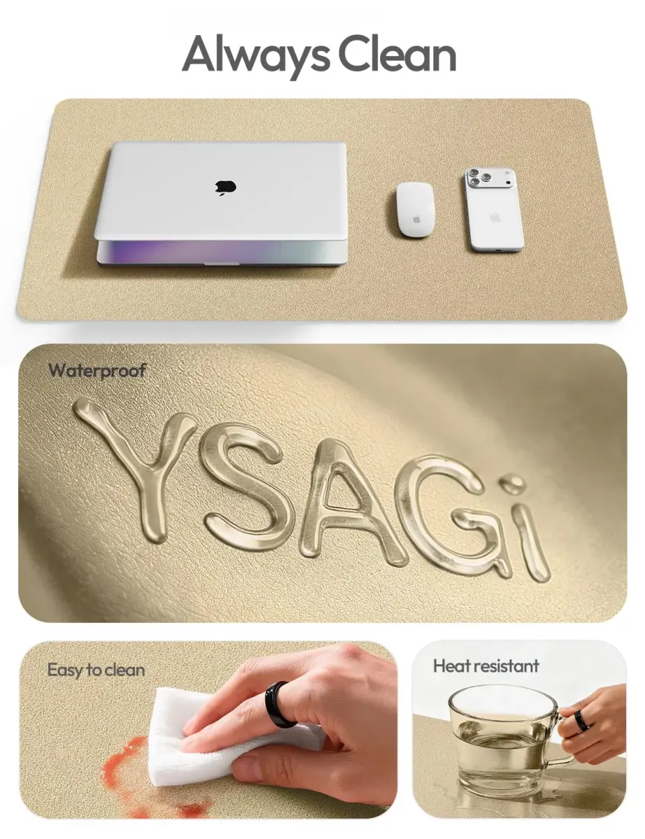 YSAGi Leather Desk Pad Protector Large Mouse Pad with Non-Slip PU Leather, 35.4" x 17" Gold | Protects Your Desk Surface - view 8