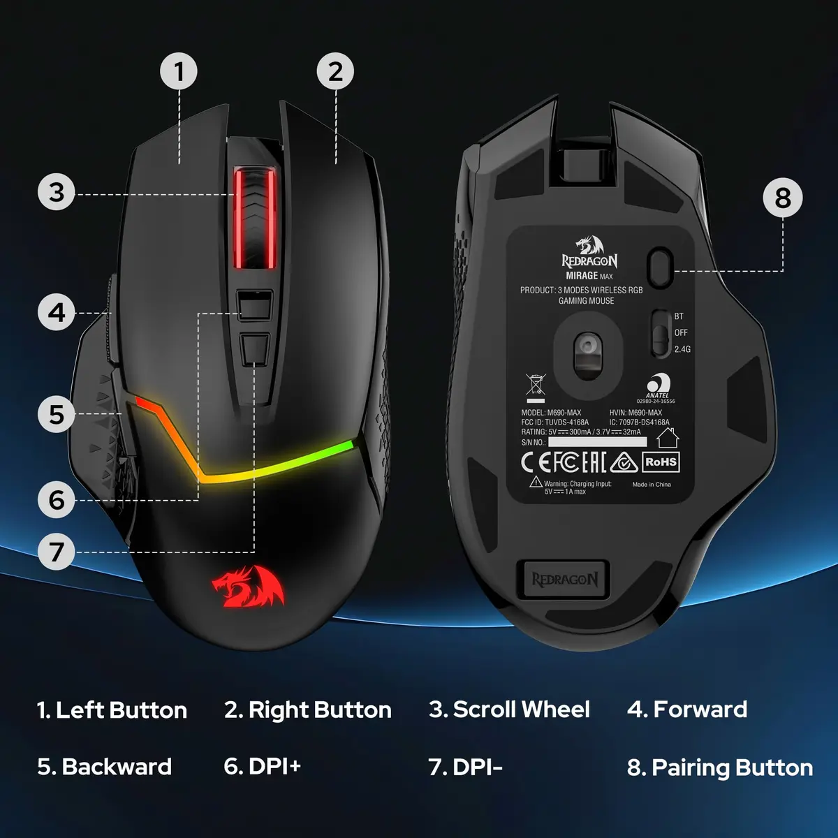 Redragon M690 MAX Wireless RGB Gaming Mouse 12800 DPI | 7 Macro Buttons, Rechargeable, Tri-Mode Connectivity - view 6