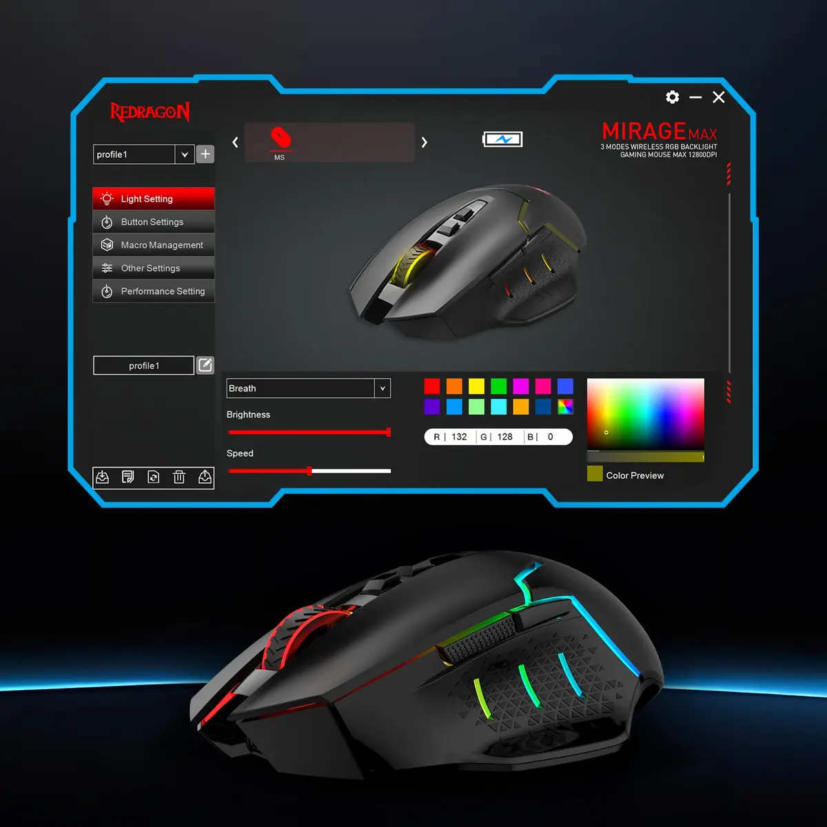 Redragon M690 MAX Wireless RGB Gaming Mouse 12800 DPI | 7 Macro Buttons, Rechargeable, Tri-Mode Connectivity - view 8