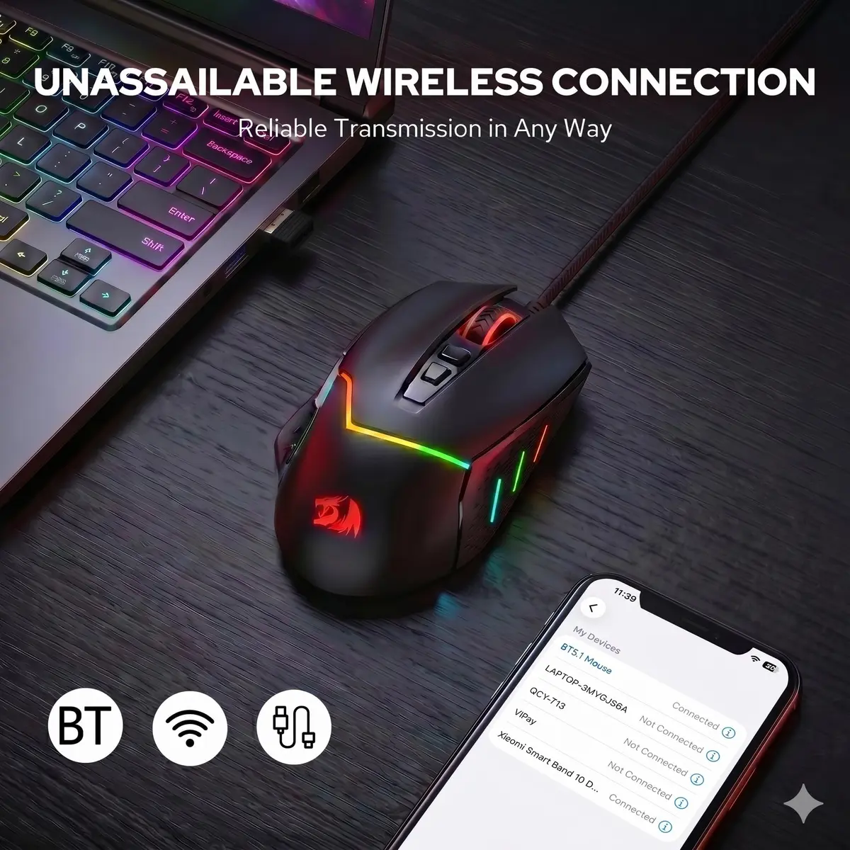 Redragon M690 MAX Wireless RGB Gaming Mouse 12800 DPI | 7 Macro Buttons, Rechargeable, Tri-Mode Connectivity - view 2
