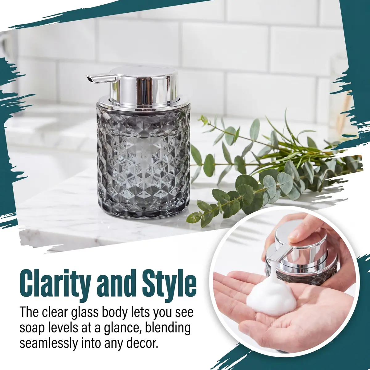 MALACHI Foaming Hand Soap Dispenser 300ml (10 oz) | Elegant Diamond Pattern Glass Bottle for Bathroom & Kitchen - view 5