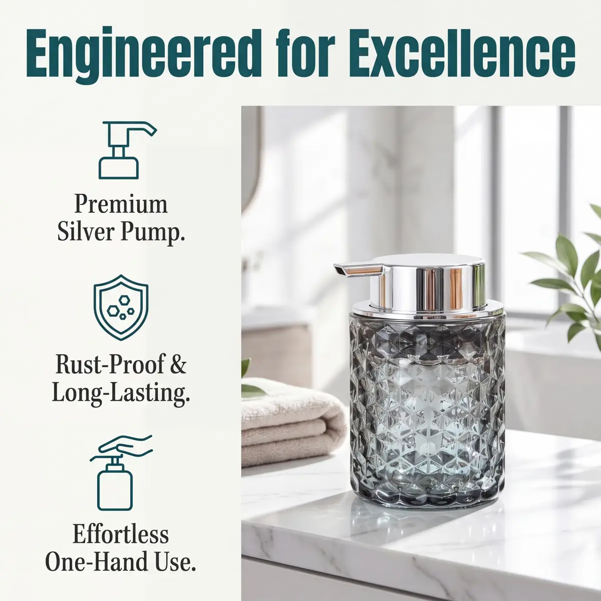 MALACHI Foaming Hand Soap Dispenser 300ml (10 oz) | Elegant Diamond Pattern Glass Bottle for Bathroom & Kitchen - view 6