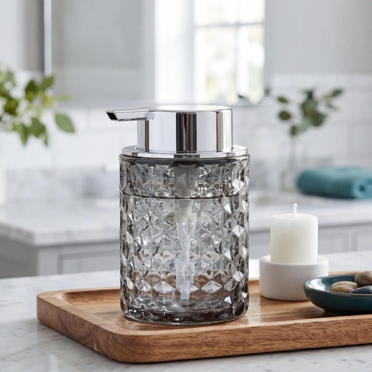MALACHI Foaming Hand Soap Dispenser 300ml (10 oz) | Elegant Diamond Pattern Glass Bottle for Bathroom & Kitchen - view 7