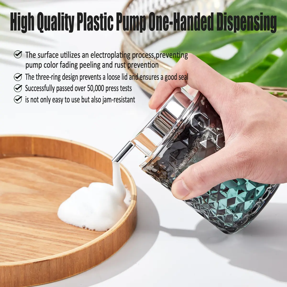 MALACHI Foaming Hand Soap Dispenser 300ml (10 oz) | Elegant Diamond Pattern Glass Bottle for Bathroom & Kitchen - view 3
