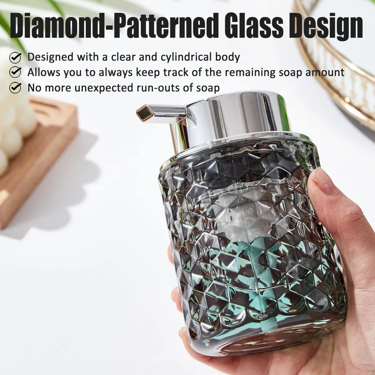 MALACHI Foaming Hand Soap Dispenser 300ml (10 oz) | Elegant Diamond Pattern Glass Bottle for Bathroom & Kitchen - view 4