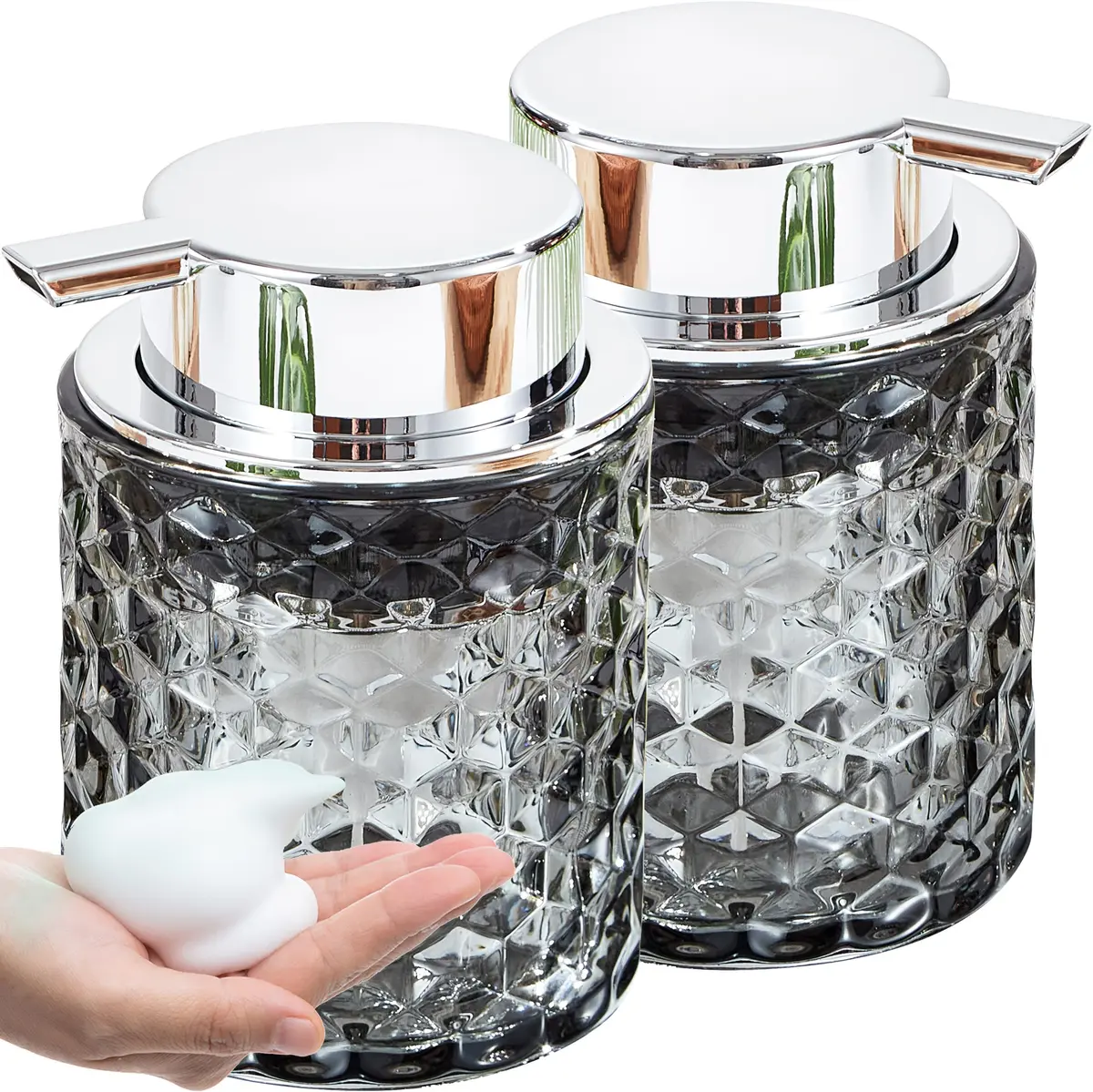 Malachi Foaming Hand Soap Dispenser, Clear Glass Pump Bottle 300ml (10 oz) | Elegant Diamond Pattern for Bathroom & Kitchen - main product image