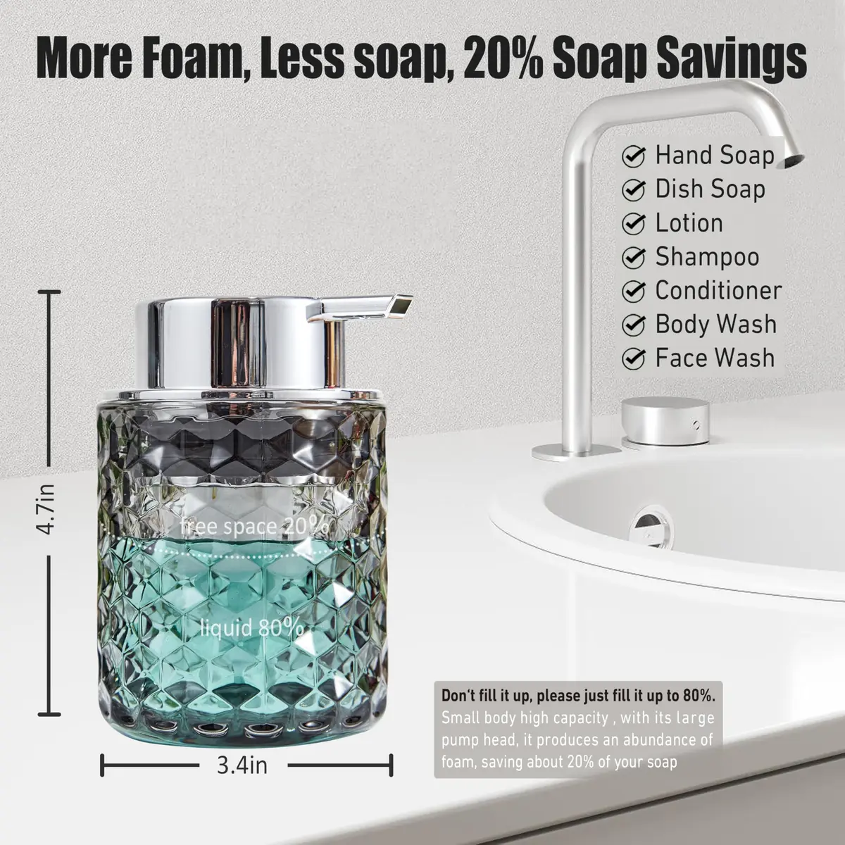 Malachi Foaming Hand Soap Dispenser, Clear Glass Pump Bottle 300ml (10 oz) | Elegant Diamond Pattern for Bathroom & Kitchen - view 2