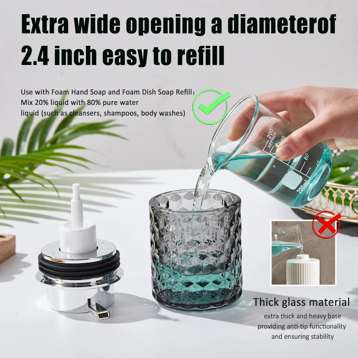 Malachi Foaming Hand Soap Dispenser, Clear Glass Pump Bottle 300ml (10 oz) | Elegant Diamond Pattern for Bathroom & Kitchen - view 4