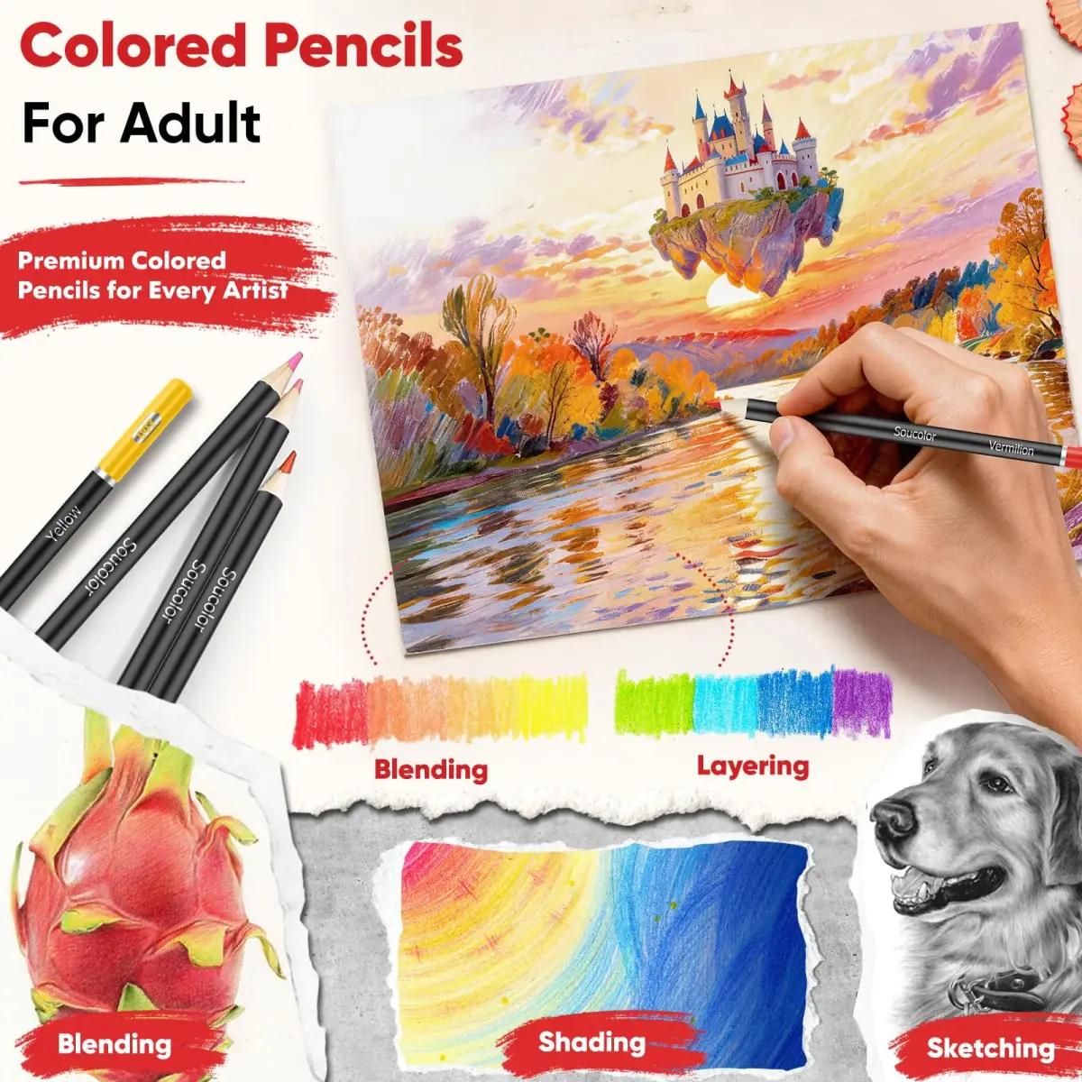 Soucolor 50 Colored Pencils Set | Smooth Oil-Based Lead for Adult Coloring Books & Sketching - view 7