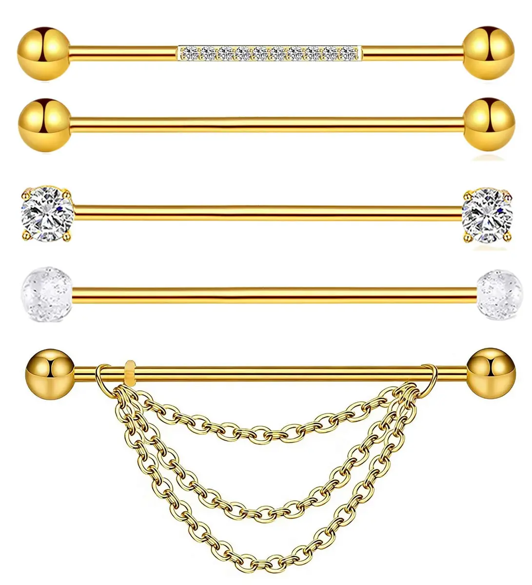 Suotarn Gold Industrial Piercing Jewelry 14G | Surgical Steel Cubic Zircon Bar for Men Women - main product image