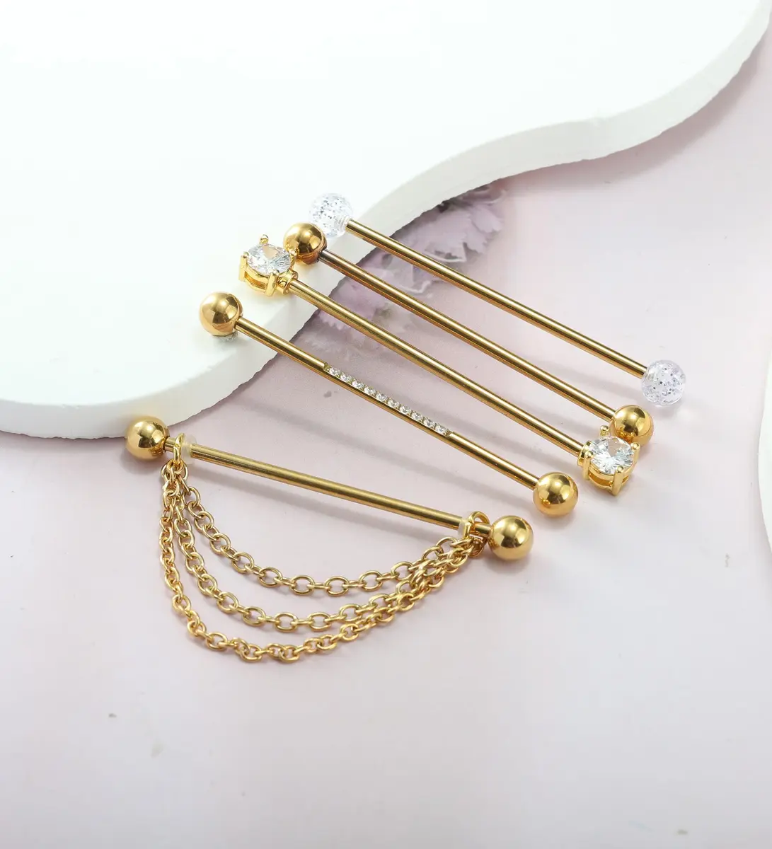 Suotarn Gold Industrial Piercing Jewelry 14G | Surgical Steel Cubic Zircon Bar for Men Women - view 2