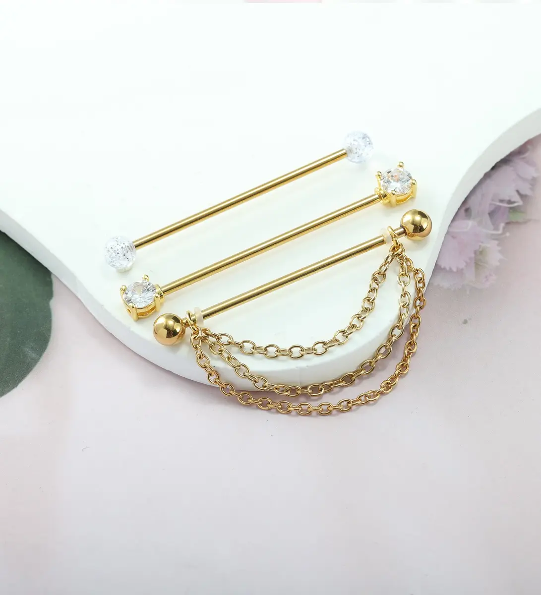 Suotarn Gold Industrial Piercing Jewelry 14G | Surgical Steel Cubic Zircon Bar for Men Women - view 4