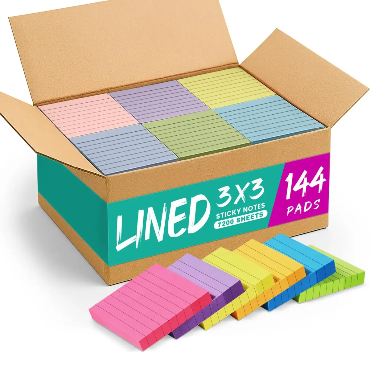 Taja Lined Sticky Notes 144 Pads 3x3 Inches 50 Sheets/Pad Bright | Bulk Pack for Office, Study & Daily Organization - main product image