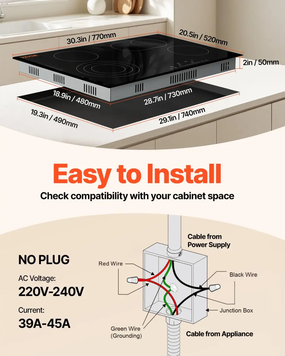VEVOR 30" 4 Burner Built-in Electric Radiant Cooktop 7200W 220-240V | Touch Sensor Ceramic Stove Top with Timer & Child Lock - view 2