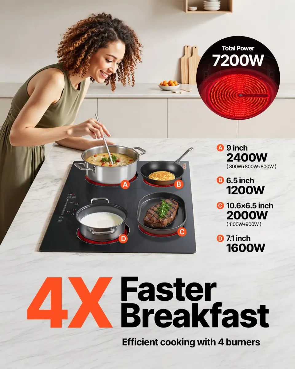 VEVOR 30" 4 Burner Built-in Electric Radiant Cooktop 7200W 220-240V | Touch Sensor Ceramic Stove Top with Timer & Child Lock - view 3