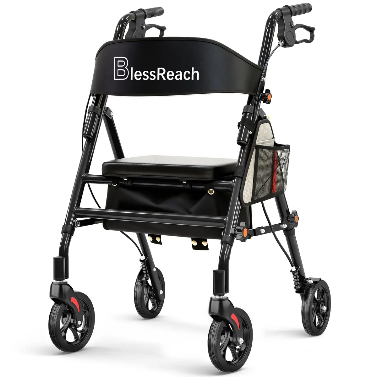 BlessReach Lightweight Foldable Rollator Walker with Seat for Seniors,Black | 300 lb Capacity, 5-Position Handle, Hybrid Steel & Aluminum - main product image