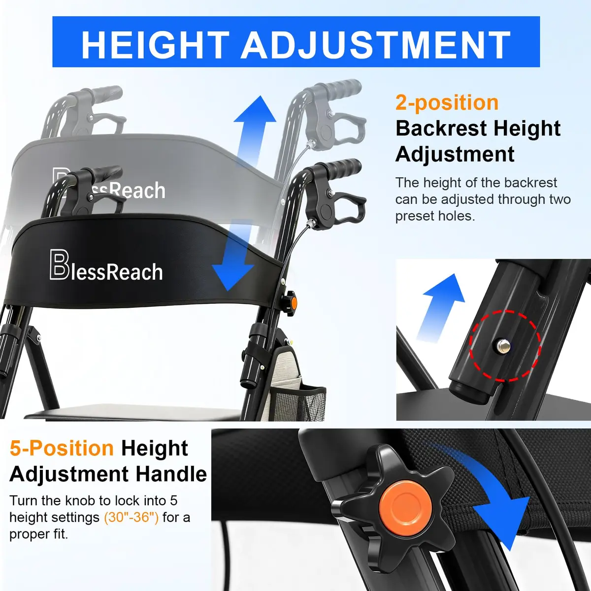 BlessReach Lightweight Foldable Rollator Walker with Seat for Seniors,Black | 300 lb Capacity, 5-Position Handle, Hybrid Steel & Aluminum - view 2