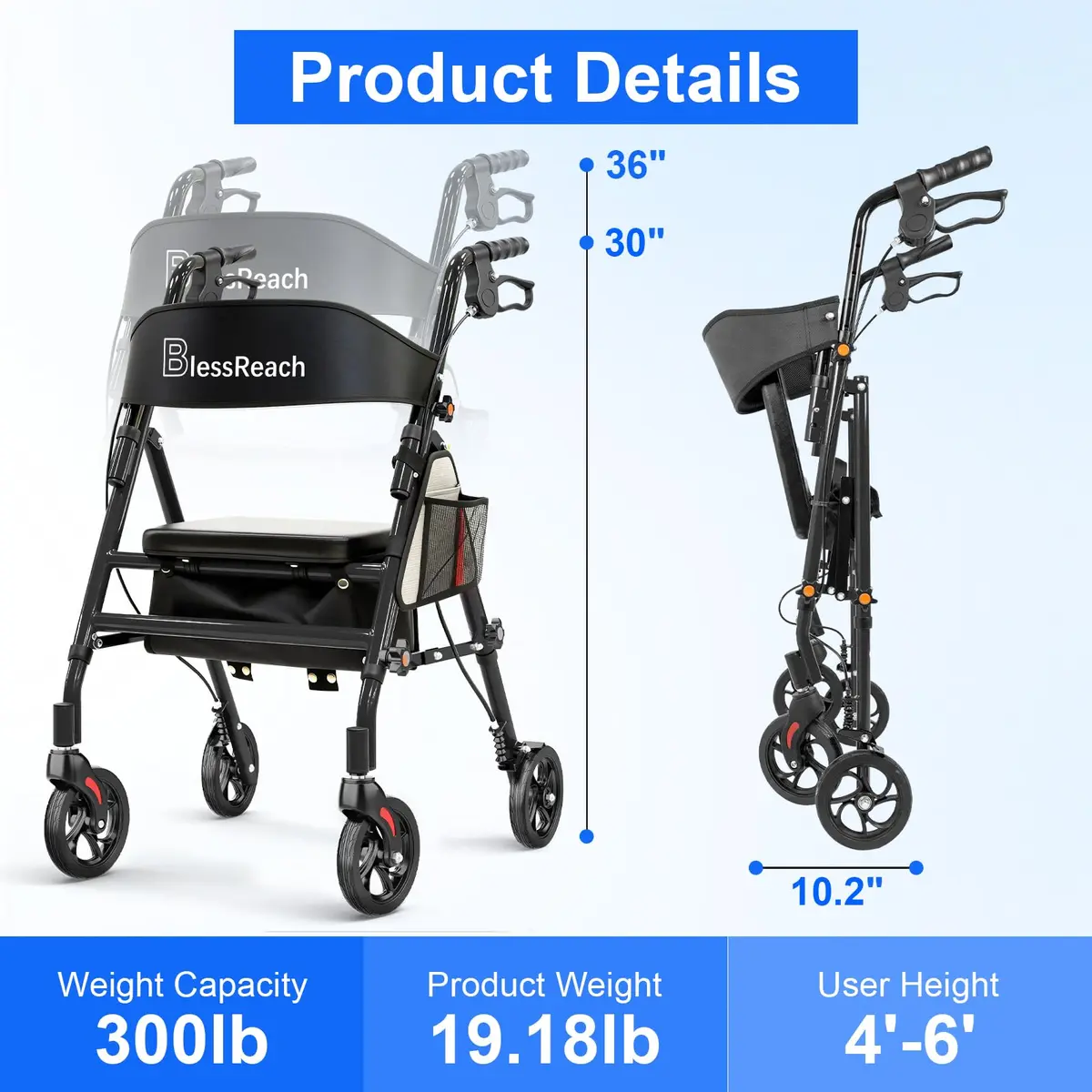 BlessReach Lightweight Foldable Rollator Walker with Seat for Seniors,Black | 300 lb Capacity, 5-Position Handle, Hybrid Steel & Aluminum - view 3