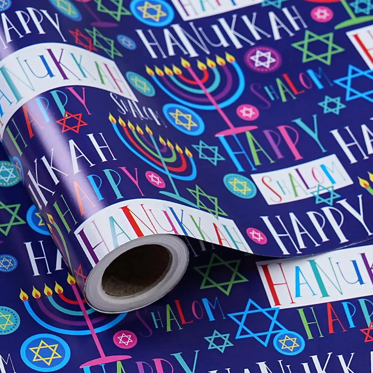 LeZakaa Hanukkah Wrapping Paper Roll, Colorful 'Happy Hanukkah' Lettering, Star of David, Candles, Mini Roll 17in x 16.4Ft | Festive Jewish Holiday Design - main product image