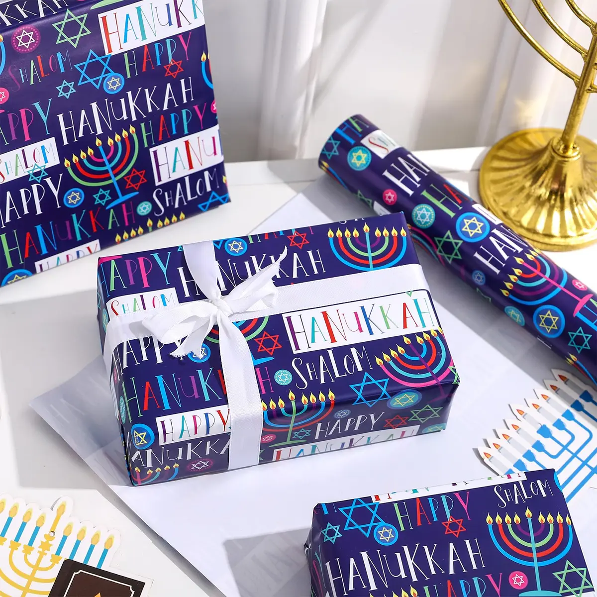 LeZakaa Hanukkah Wrapping Paper Roll, Colorful 'Happy Hanukkah' Lettering, Star of David, Candles, Mini Roll 17in x 16.4Ft | Festive Jewish Holiday Design - view 2