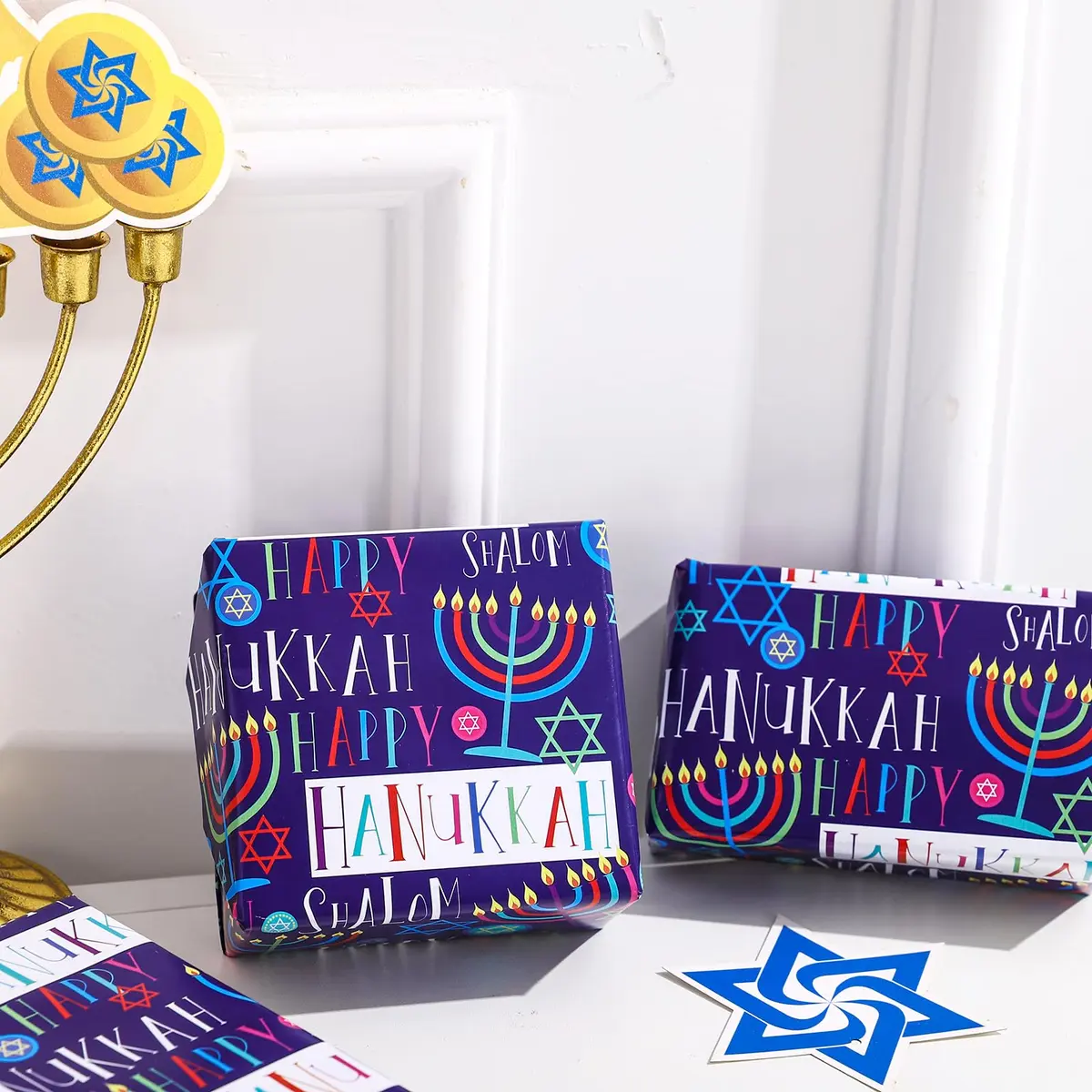 LeZakaa Hanukkah Wrapping Paper Roll, Colorful 'Happy Hanukkah' Lettering, Star of David, Candles, Mini Roll 17in x 16.4Ft | Festive Jewish Holiday Design - view 4