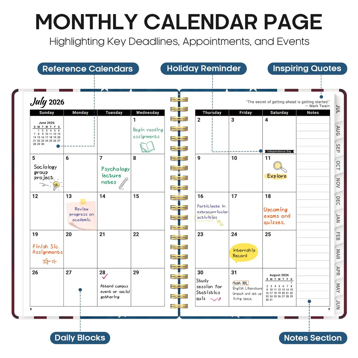 Taja Academic Planner 2026-2027 Monthly & Weekly Jul 2026-Jun 2027 Calendar Planner 21.7cm x 16.4cm (8.5" x 6.3") | Durable Hardcover Organizer with Tabs - view 2