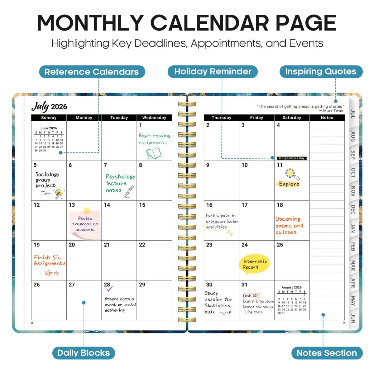 Taja 2026-2027 Academic Planner 6.3"x8.5" (A5) | Monthly & Weekly Jul 2026-Jun 2027 Planner Calendar - view 2
