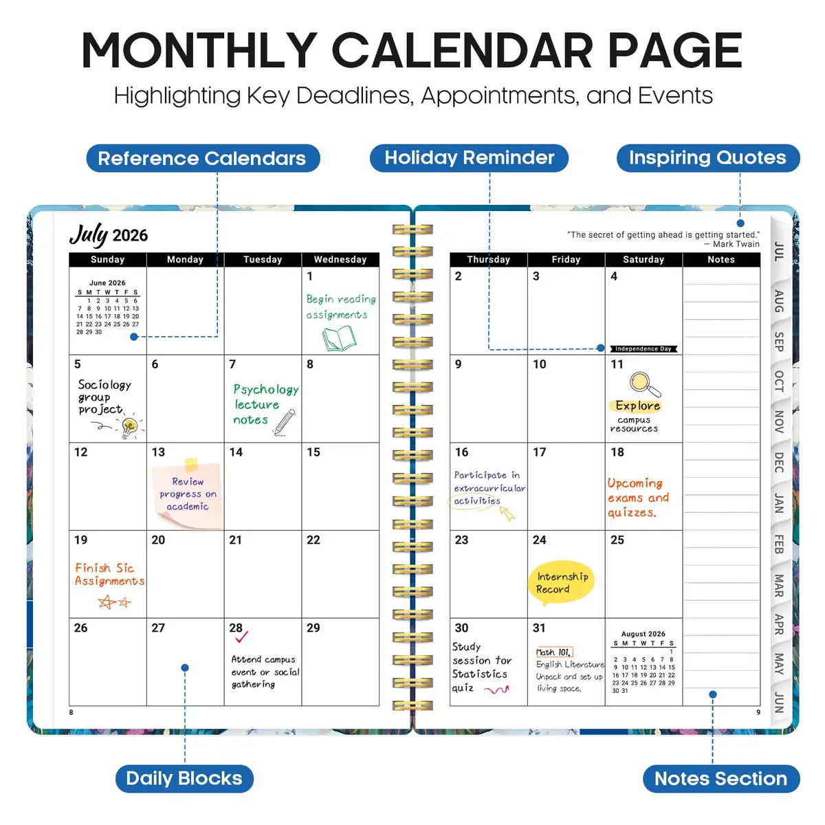 Taja Academic Planner 2026-2027, Monthly & Weekly 156g (5.5oz) | Spiral Bound Hardcover with Tabs & Pocket - view 2