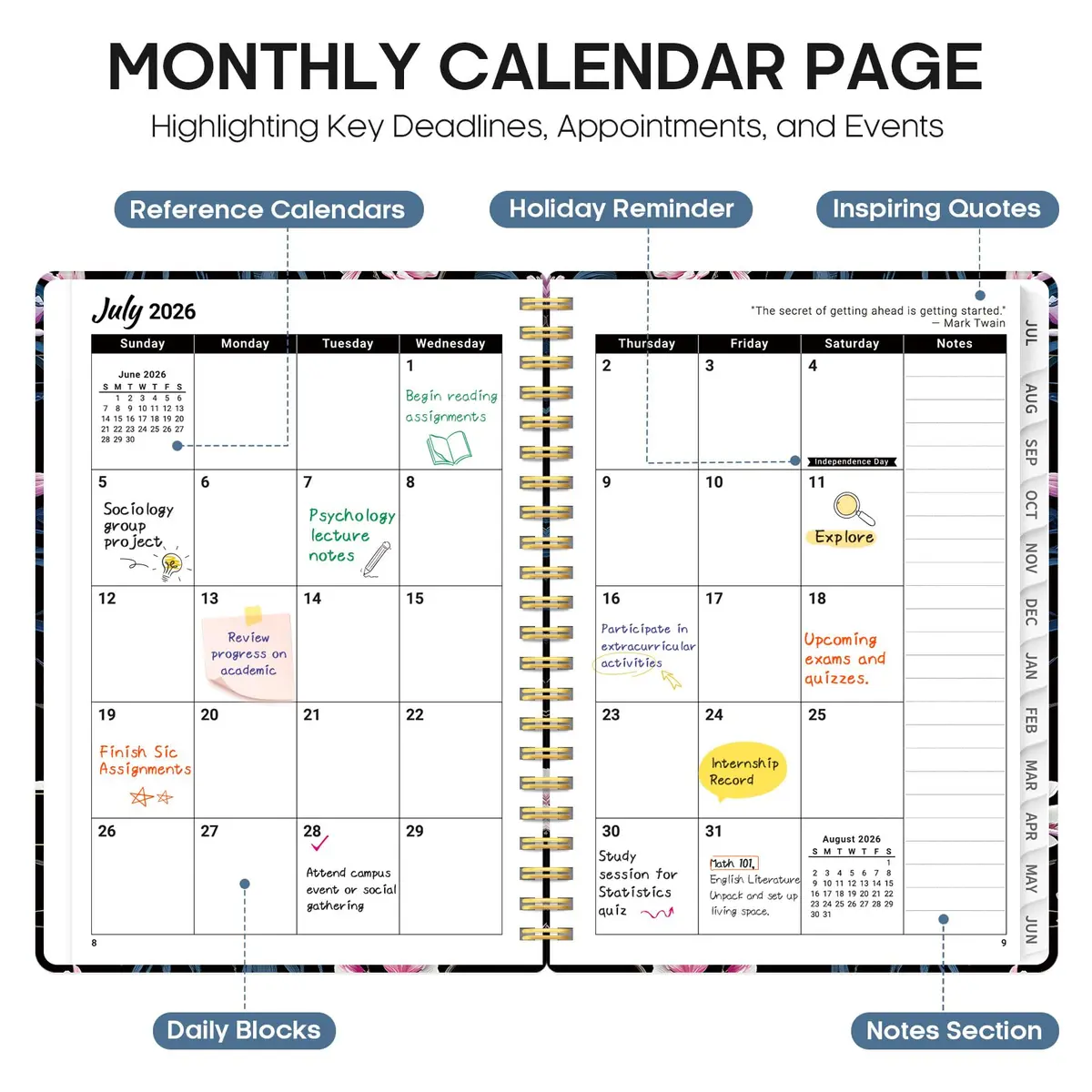 Taja 2026-2027 Academic Planner, Monthly & Weekly Jul 2026-Jun 2027 Calendar Planner, 146 Pages (A5 Size, 6.3"x8.5") | Imported Stationery for Students & Professionals - view 2