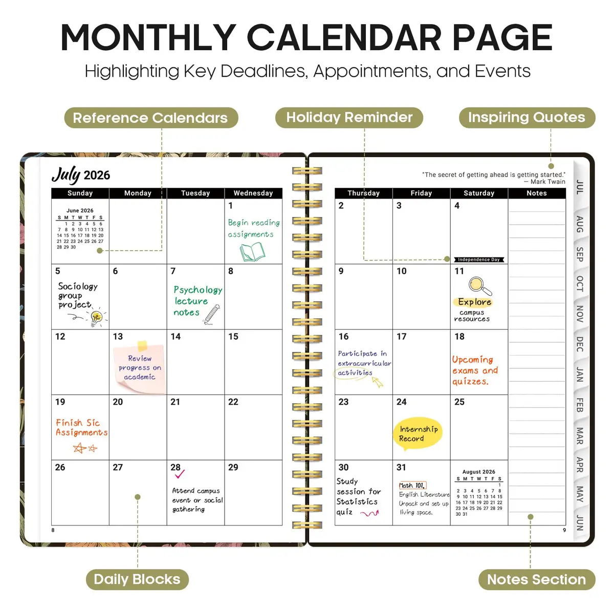Taja Academic Planner 2026-2027, Jul 2026-Jun 2027 Monthly & Weekly Planner 16.3cm x 21.8cm (6.3"x8.5") | Acid-Free Paper for Smooth Writing - view 2