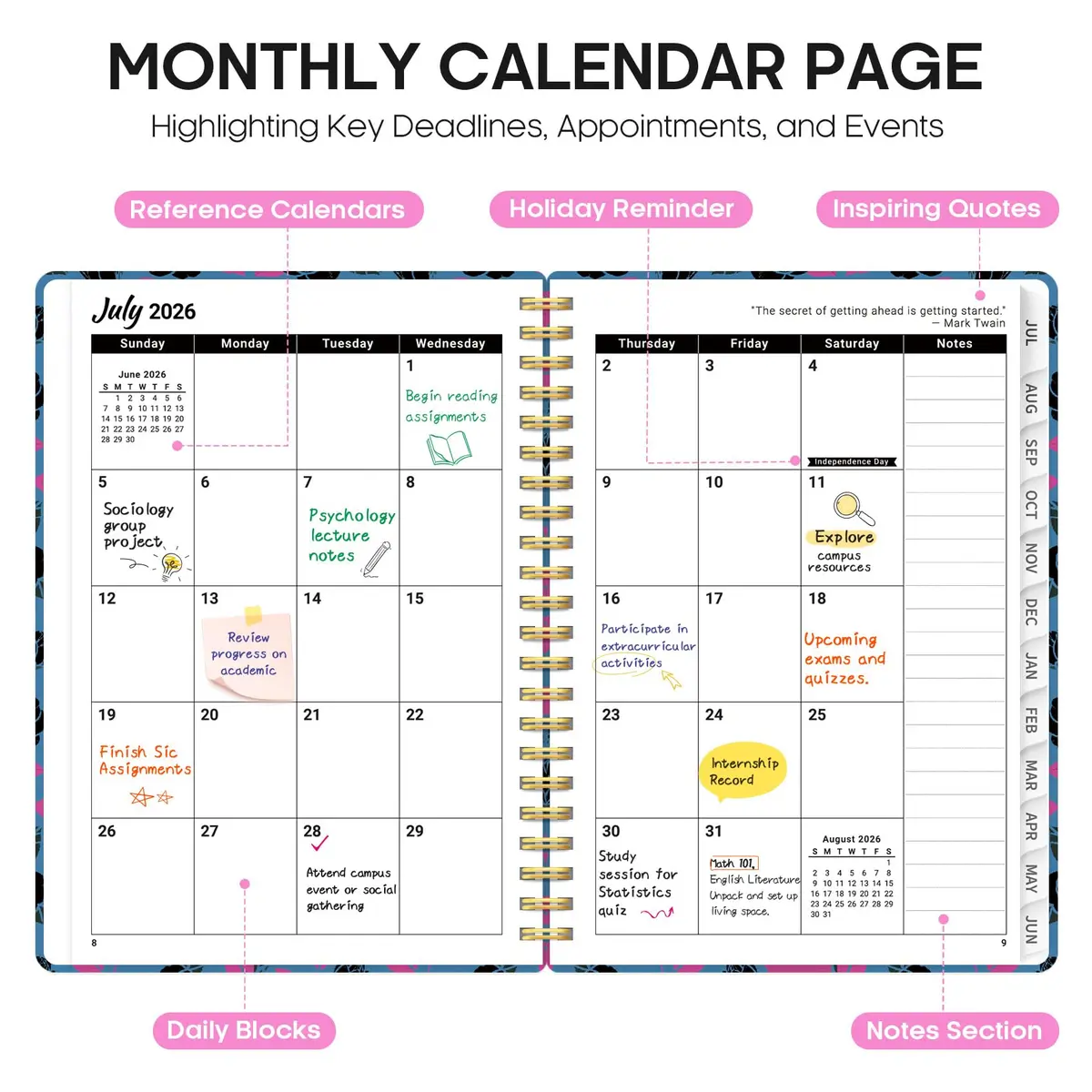 Taja Academic Planner 2026-2027, Monthly & Weekly Jul 2026-Jun 2027, A5 Size (6.3"x8.5") | Spiral Bound Hardcover with Elastic Closure - view 2