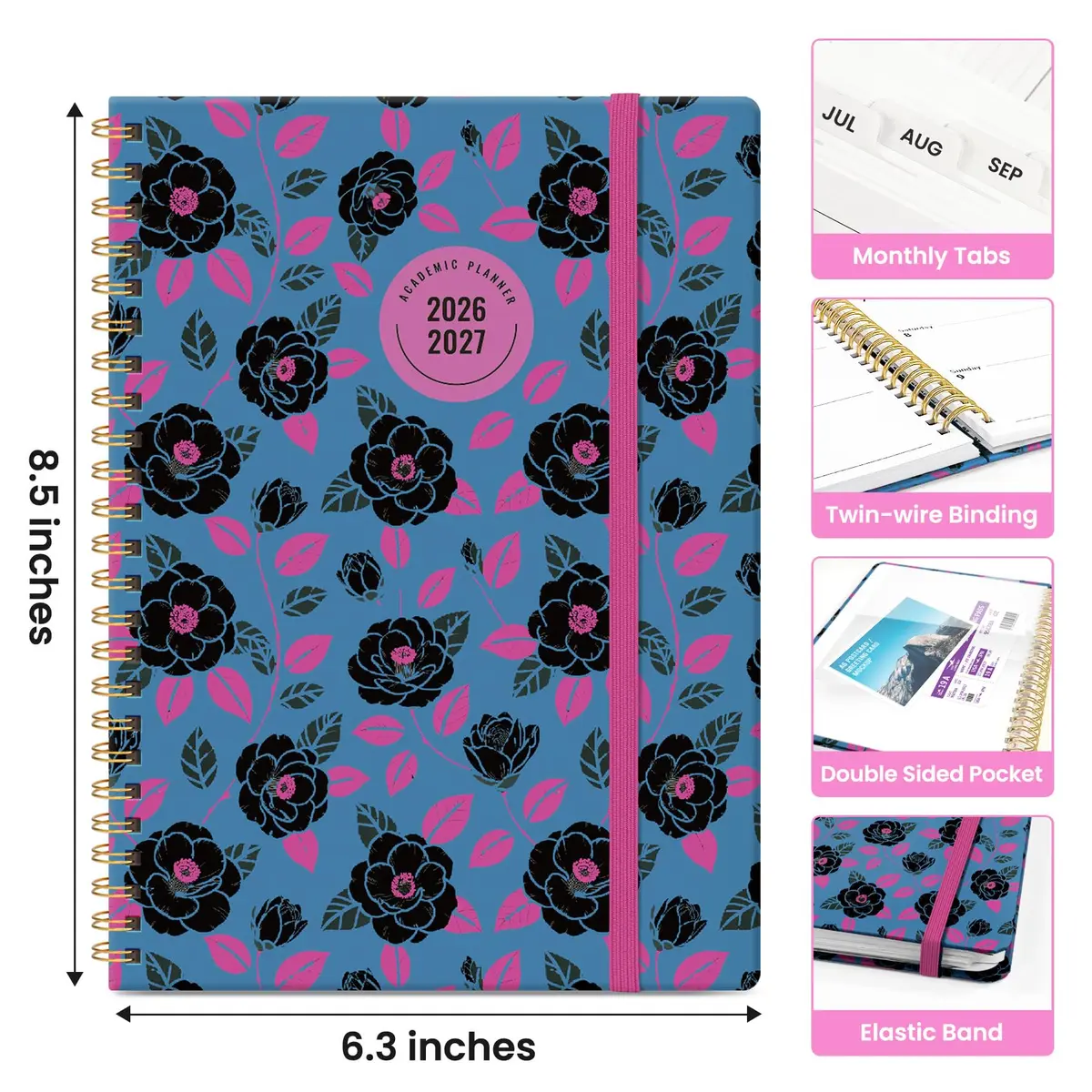 Taja Academic Planner 2026-2027, Monthly & Weekly Jul 2026-Jun 2027, A5 Size (6.3"x8.5") | Spiral Bound Hardcover with Elastic Closure - view 4