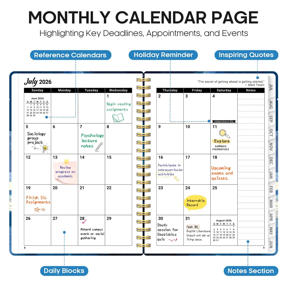 Taja 2026-2027 Academic Planner, Monthly & Weekly 146 Pages | Spiral Bound Hardcover with Elastic Closure & Pocket - view 2