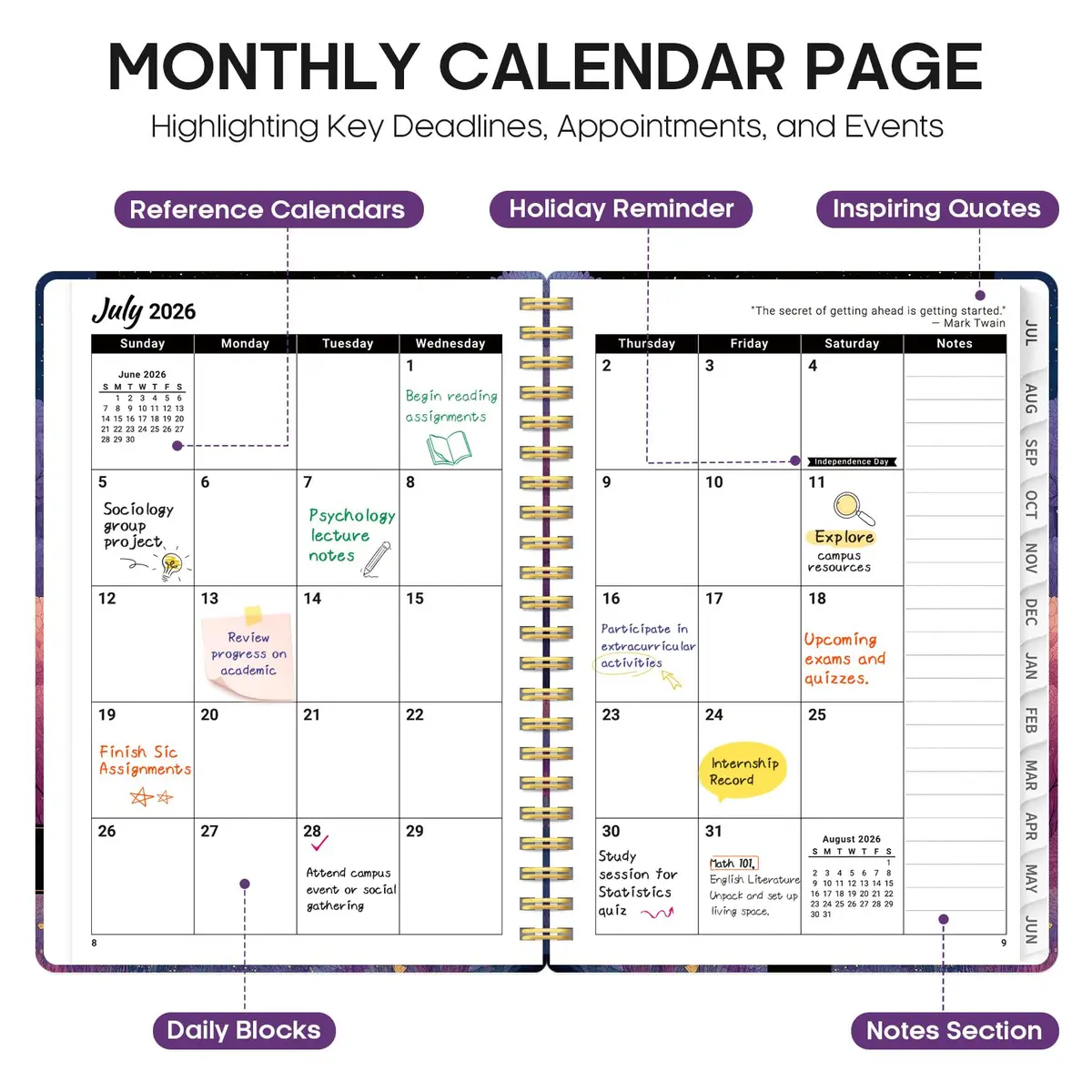Taja Academic Planner 2026-2027, Jul 2026-Jun 2027 Monthly & Weekly Planner 146 Pages (A5 Size) - view 2