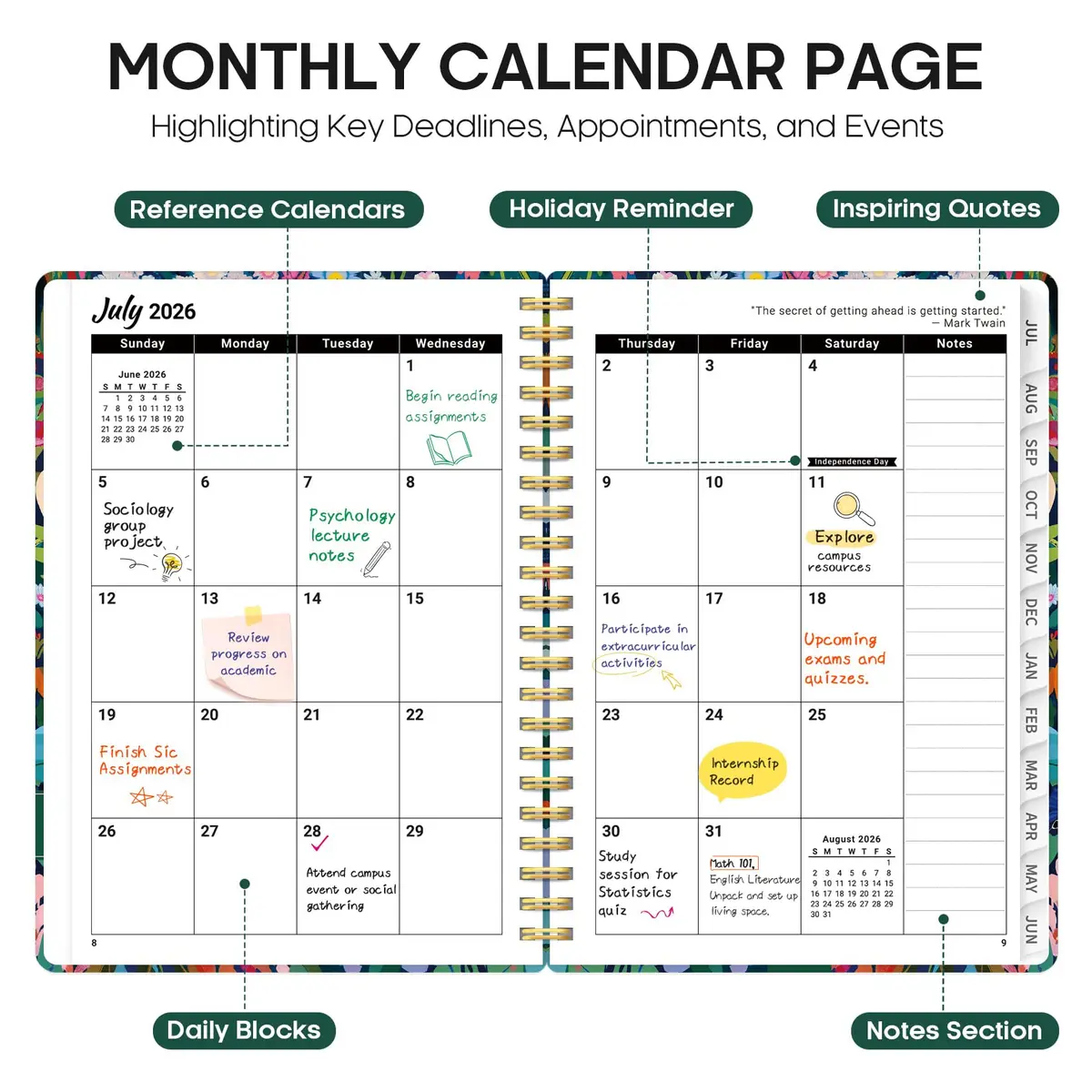 Taja Academic Planner 2026-2027, Monthly & Weekly Jul 2026-Jun 2027 Planner, 16 cm x 22 cm (6.3"x8.5") | Organized Planning for Students & Professionals - view 2