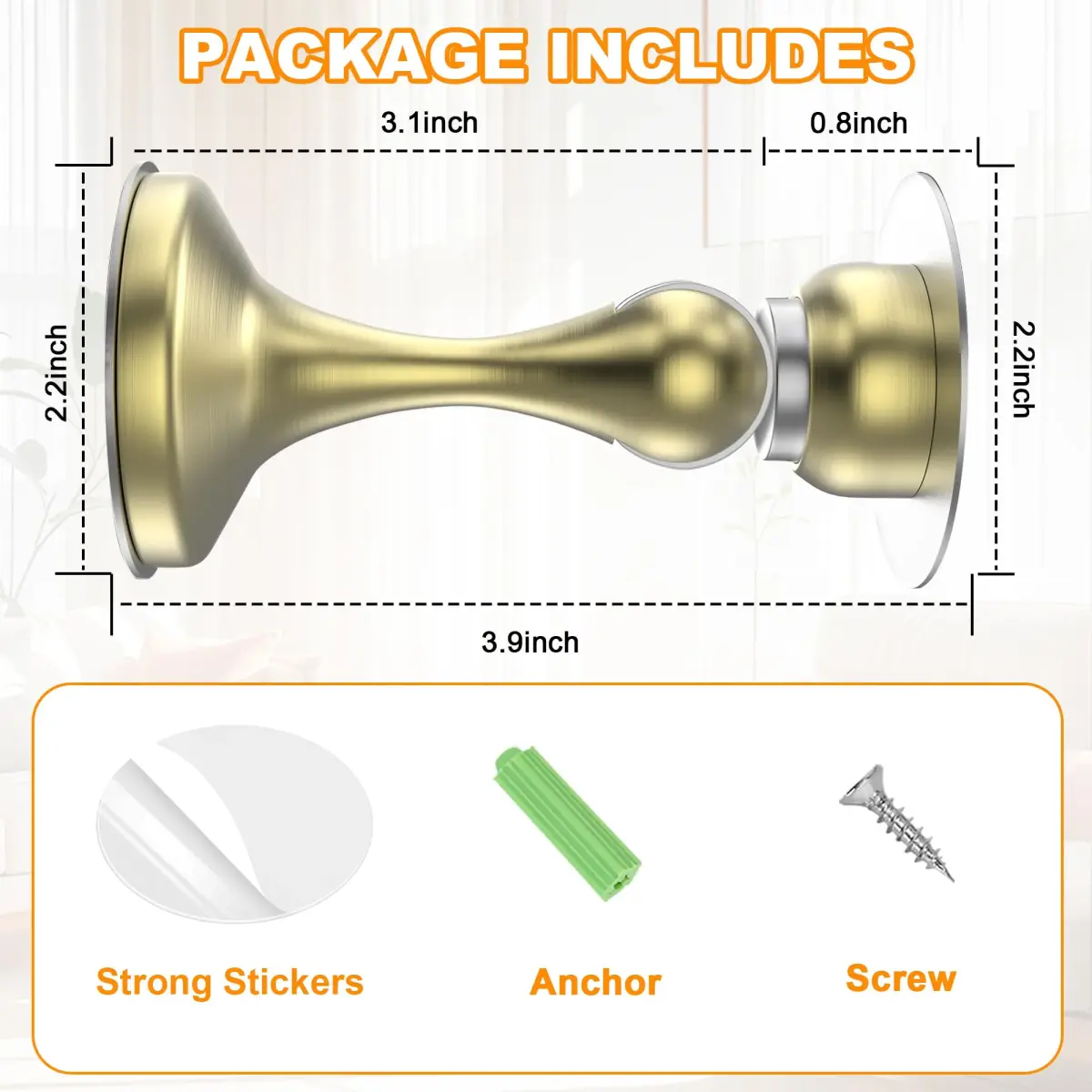 Crosize Magnetic Door Stoppers 6 Pack, Stainless Steel Door Stops with Adhesive & Screws, Gold - view 2